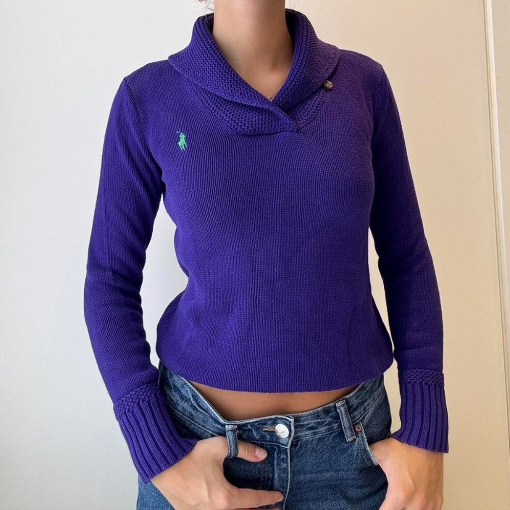 Vintage Ralph Lauren Purple Shawl Neck Knit Pullover Sweater Size Women's XS